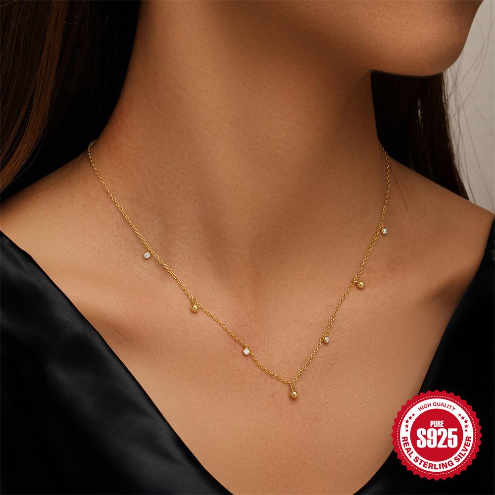 Simple Wind Round Bead Row Diamond White Zircon Necklace Female High-End Light Luxury Collarbone Chain