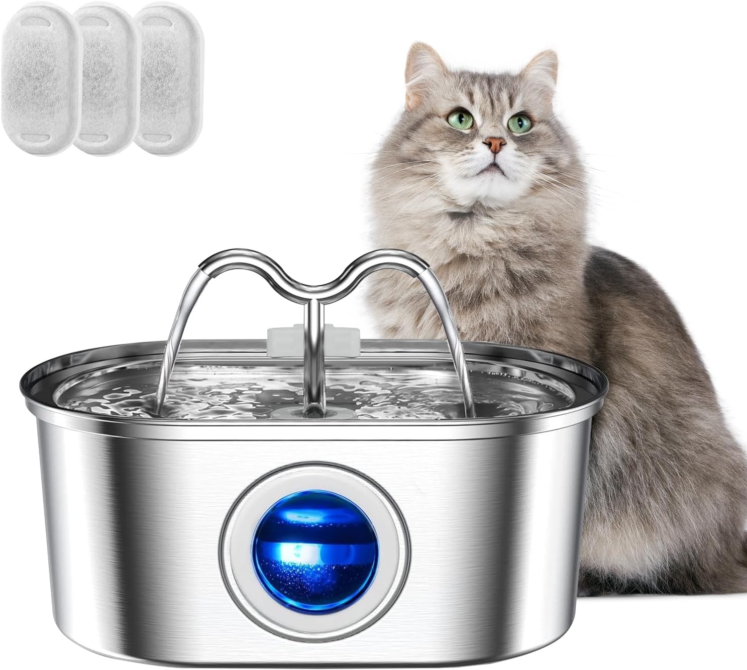 3.2L Stainless Steel Pet Water Fountain Ultra Quiet Pump LED Water Level Indicator With Triple Filter For Cats Dogs