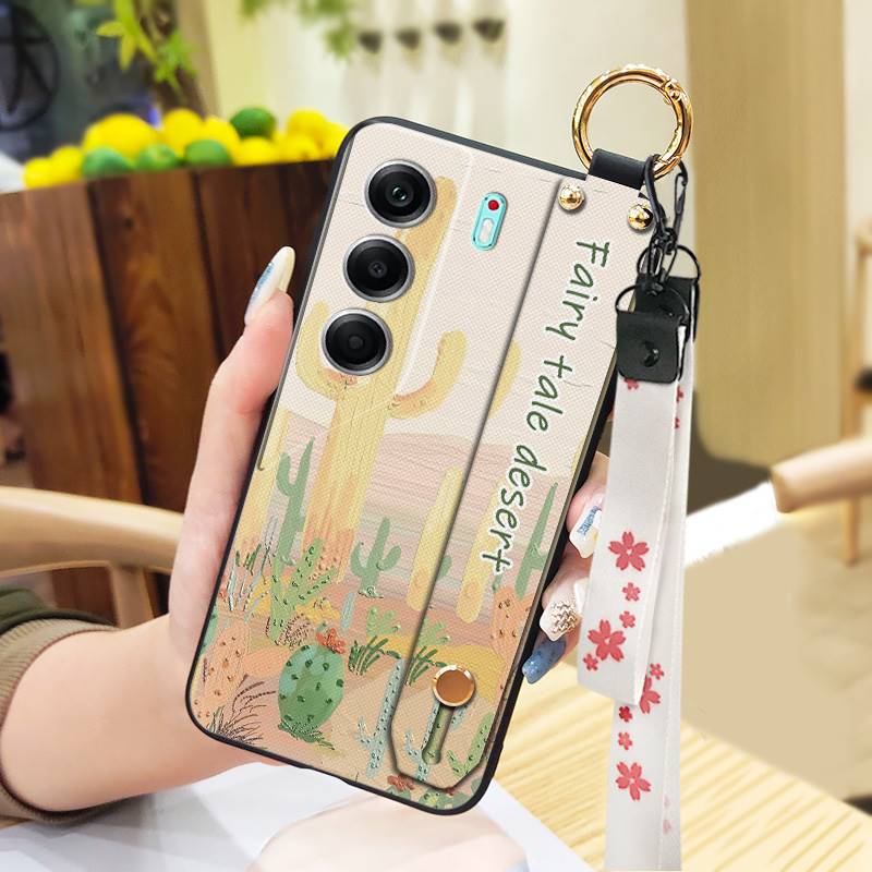 Durable Lanyard Phone Case For Tecno Camon40 Pro 4G/5G/CM6/CM7 Waterproof Back Cover Oil Painting Ring Silicone Flower