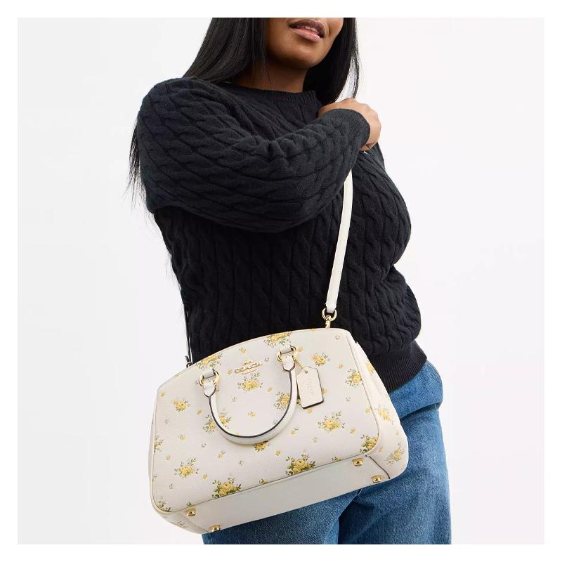 Coach Savannah 36 Stampa Floreale Logo Pelle Granata Borsa a Spalla Crossbody Tote Grande Donna Bianca con Giallo