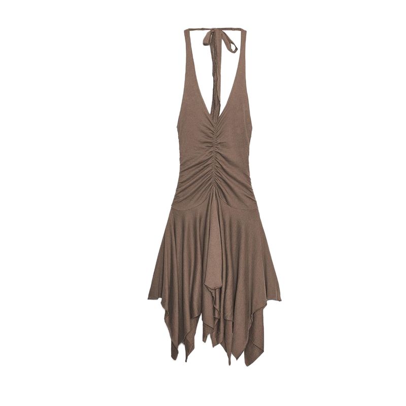 

Za Summer Women clothes Holiday Style Cotton Pleat Decorative Neck Collar Asymmetric Sleeveless Dress 4174814 Brown S
