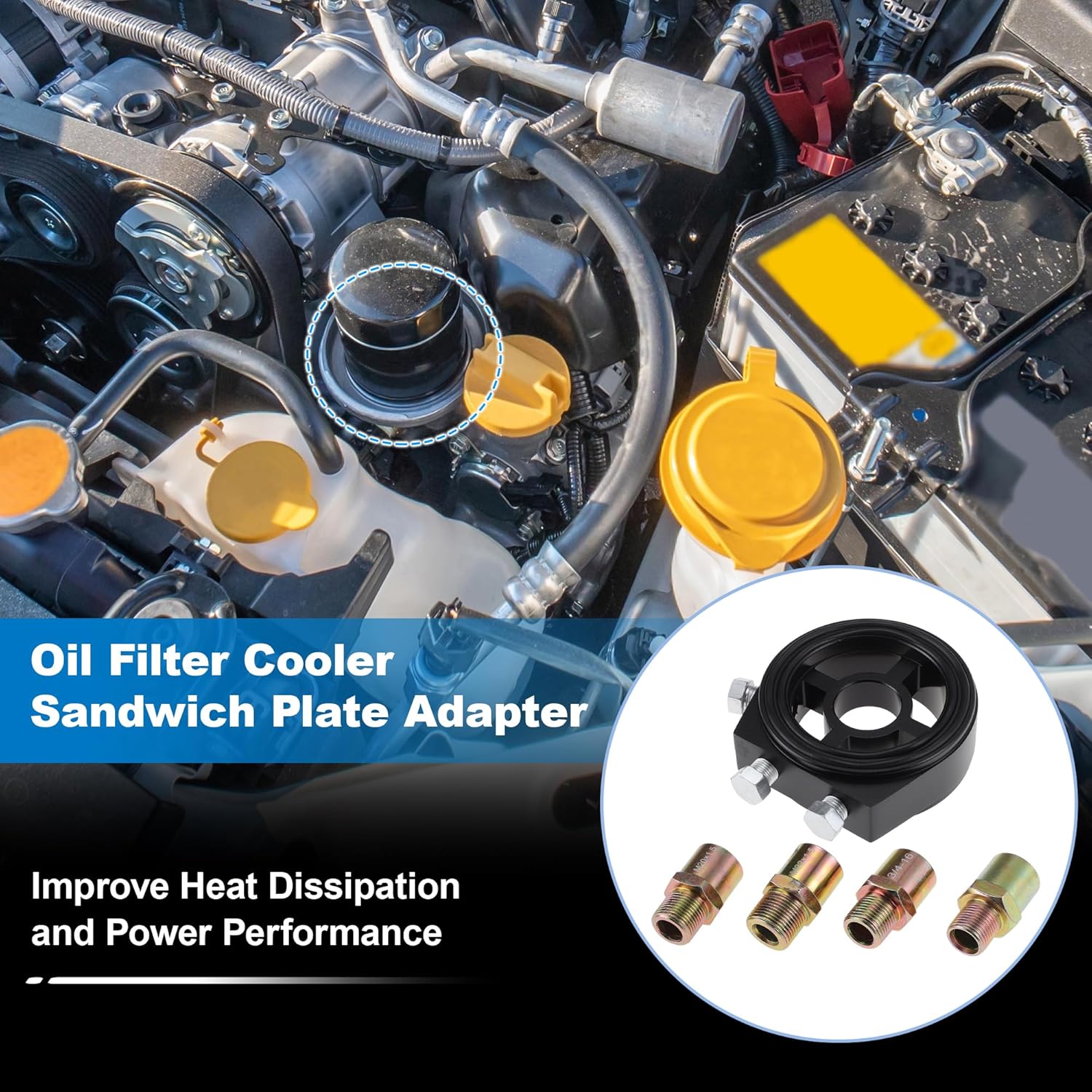 

Oil Cooler Sandwich Plate Adapter Aluminum Alloy with 4 Adapter M18x1.5 & M20x1.5 & M22x1.5 & 3/4-16 for Engine Transmission Filter Cooling System
