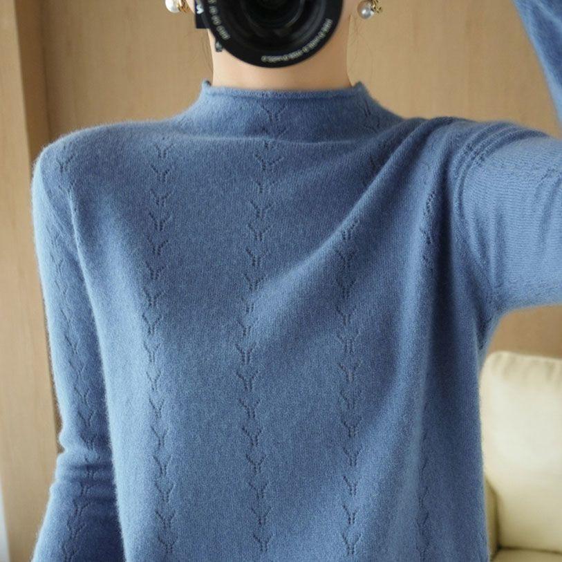 

Трикотаж с полувысоким воротником, женский мягкий ажурный вязаный свитер с завитками внизу 2XL синий