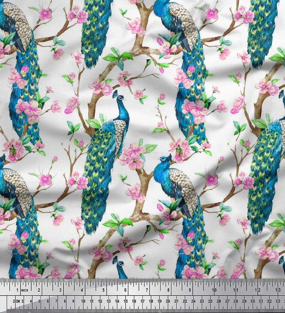 Soimoi Black Poly Crepe Fabric Pink Flower|Branch & Peacock Bird Print Fabric by the Yard 42 Inch