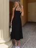 Summer New European and American Women's Clothing Temperament Solid Color Square Collar Sleeveless Waist Hanging Neck Strap Backless Dress Women