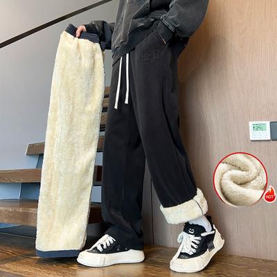 Winter Men Outdoor Winter Velvet Lining Trousers Sweatpants Solid Color Baggy Thickened Winter Fleece Loose Sports Warm Pants