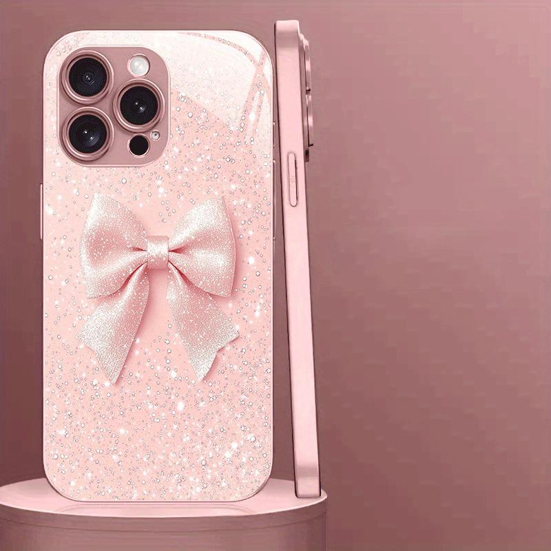 White Dot Pink Bow Pattern Pink Metal Tempered Glass Phone Case For iPhone 17 16 15 14 13 12 11 Pro Max 15 Plus 17 Air 16E Cover