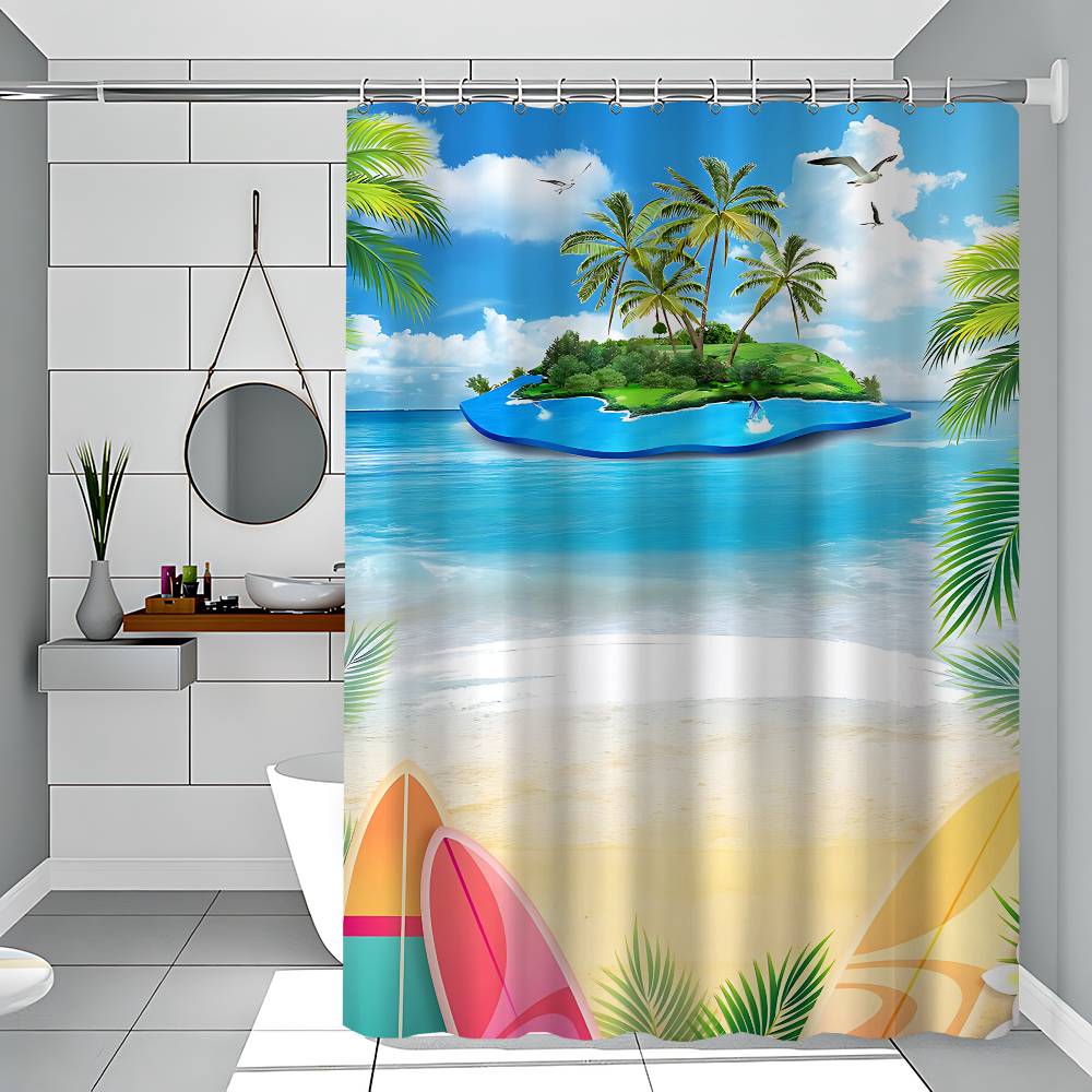 Beach Scenery Shower Curtain Bath Curtain Print Polyester Fabric Waterproof Bathroom Curtains With Hooks Bath Screen