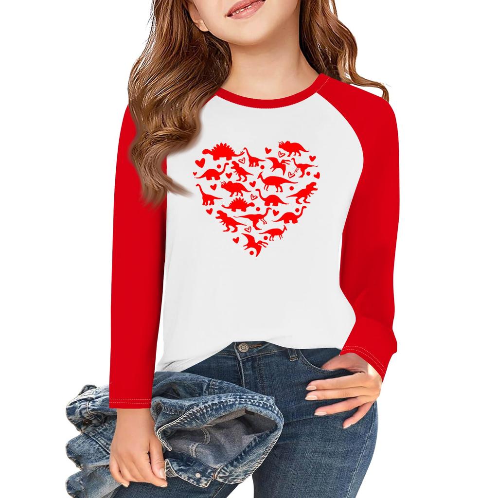 Tricouri pentru fete cu mânecă lungă Love Valentine's Day Tricouri pentru copii de toamnă Tricouri de bază cu decolteu rotund 5-14 ani