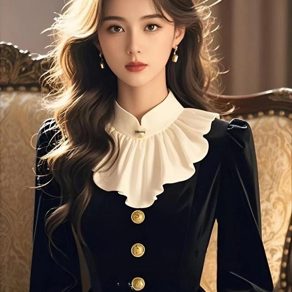 Elegant Retro Black Velvet Ruffle Dress - Autumn/Winter