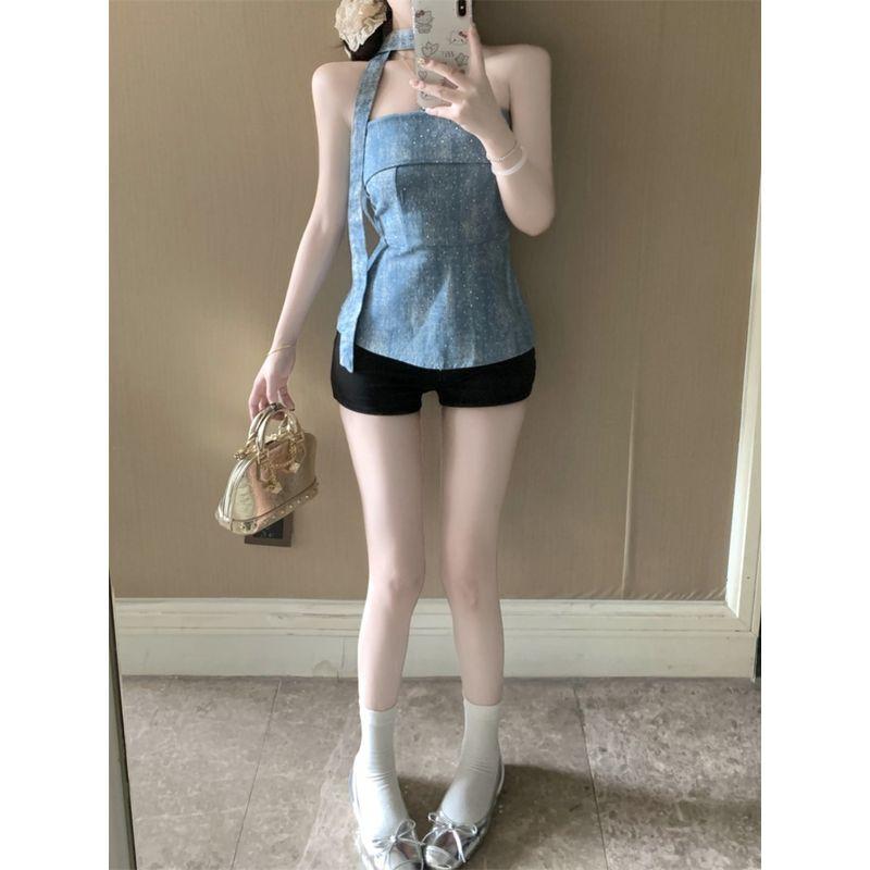 Kumikumi Retro Distressed Washed Hot Drilling Denim Tube Top Women clothes Summer Sexy Waist Hugging Slimming Versatile Vest