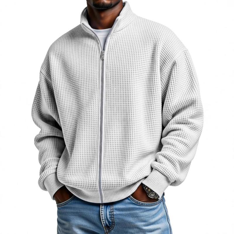 Mens Grey Waffle Knit Zip-Up Jacket Stand Collar Loose Fit Long Sleeve Casual Solid Color Top S белый 2130₽