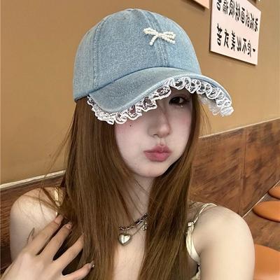 Süße Denim Perlen Schleife Kappe Koreanisch Vintage Y2k Spitze Hut Sommer Designer Damen Denim Strand Reise Sonnenschutz Kappe