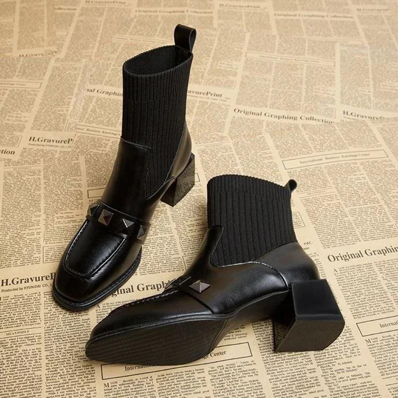 Square High Heel Women Stretch Socks Boots Fashion Slip On Shoes Retro Style Autumn Winter Square Toe Ladies Short Booties
