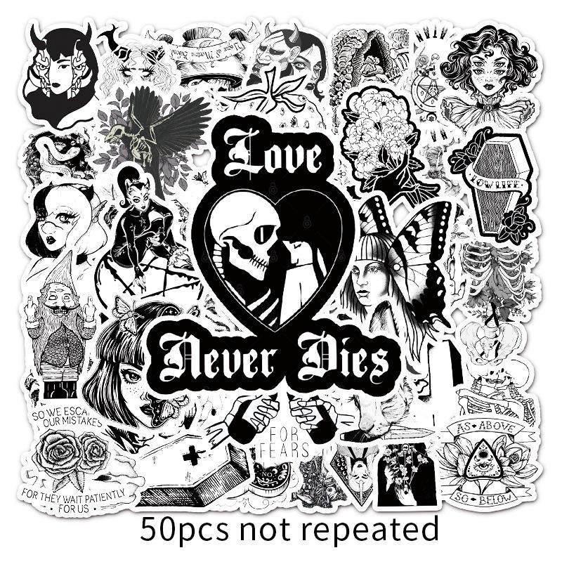 50 Black & White Gothic Punk Style Graffiti Stickers for DIY Suitcases, Notebooks, and Skateboards.