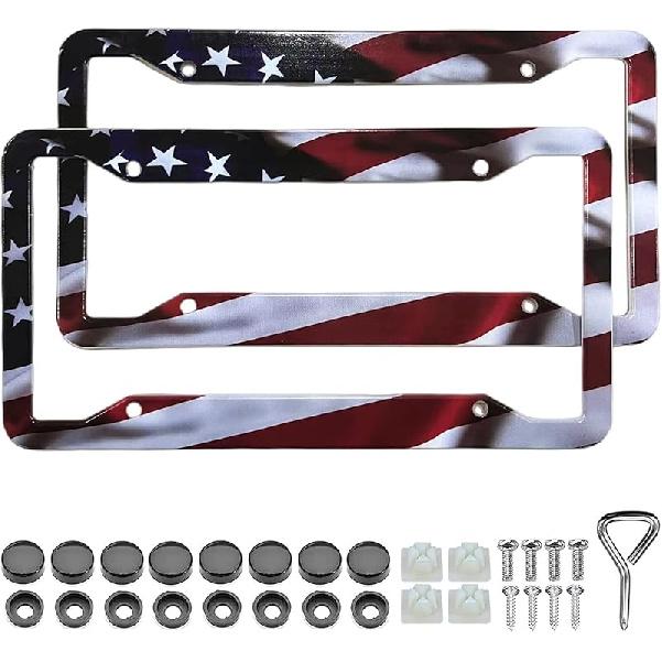 American Flag License Plate Frame Holder - 2 Pack Universal Aluminum Matte Stripe US Flag Gloss Patriotic Car Plate Frame Covers With Free Screws