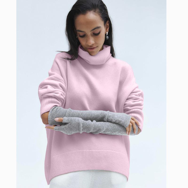 Hirsionsan Pulover tricotat cu gât roscat solid pentru femei, iarnă, nou, îngroșat, cald, cu mânecă lungă, pulover, lejer, de bază, tricotaj pentru femei