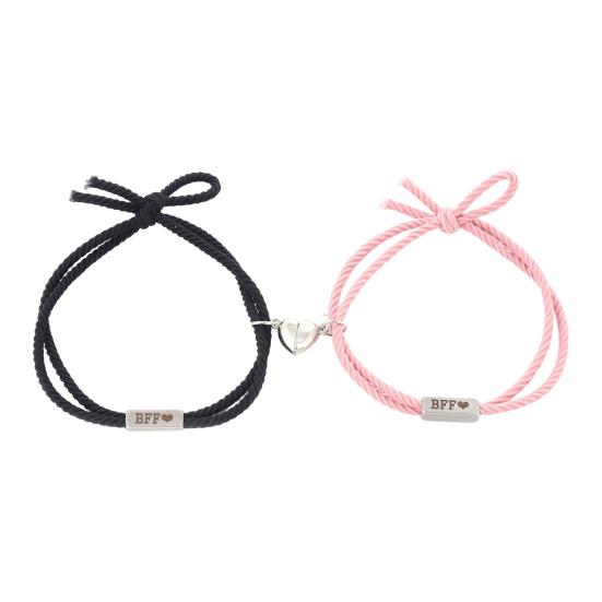 Yousheng 1 Pair Magnetic Bracelet Heart-shaped BFF Letter Print Knotted Elastic Rope Adjustable Dress Up Gift Men Women Woven Bracelets Couple Jewelry