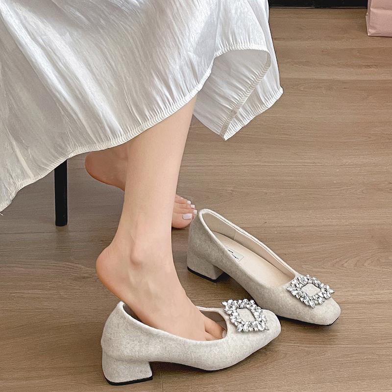 Diseño de Moda Cristal Zapatos Mary Jane de Mujer Moda Zapatos Bajos de Tacón Grueso Otoño Señoras Exterior Slip On Zapatos de Vestir