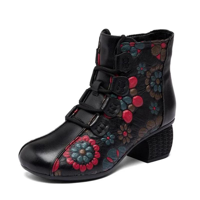 Fashion 2024 New Autumn Aed Winter For Warmth Genuine Leather Shoes Women Boots Round Toe Print Sewing Zip Retro Leisure Platform Boots