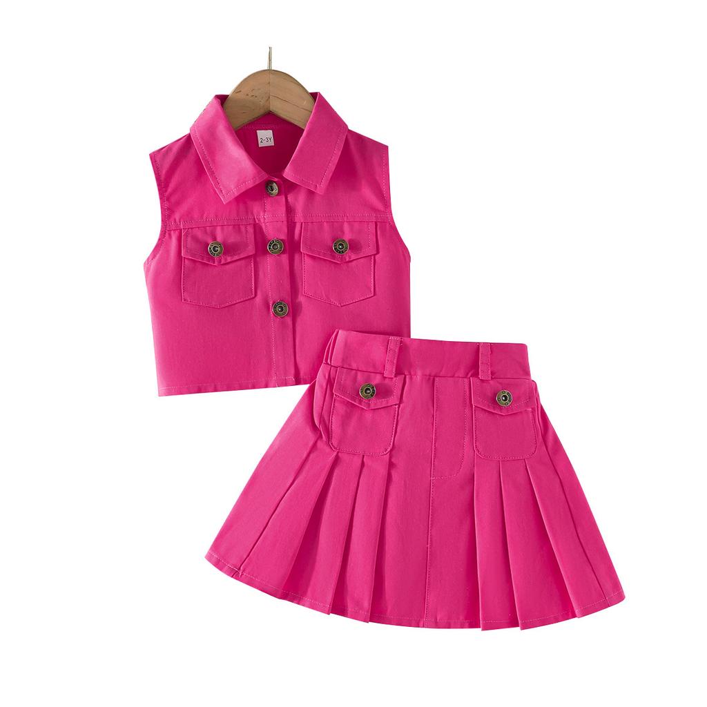 Girls' Fashion Set: Summer Solid-Color Sleeveless Denim Top and Pleated Skirt Two-Piece Set