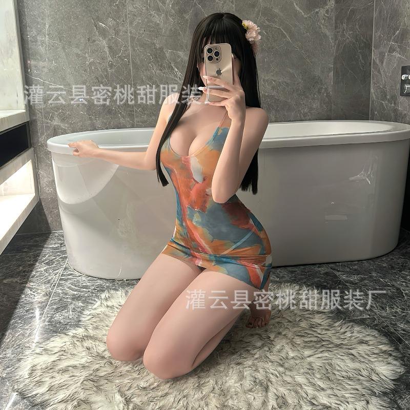 Sex lingerie thin summer neck beach swimsuit sexy deep V perspective skirt temptation