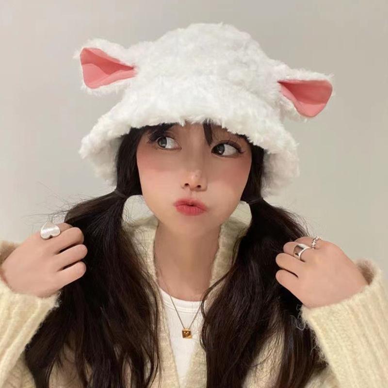 Women'S Lamb Ear Hat Cute Multi-Functional Fisherman Hat Autumn Winter Cap