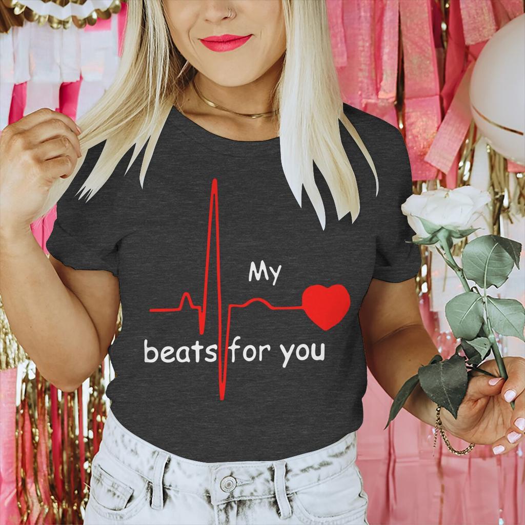 Couple Heart Beats for You Print T Shirt Causal Women Man Vintage Couples Matching Tshirt Short Sleeve Valentines Day Tees