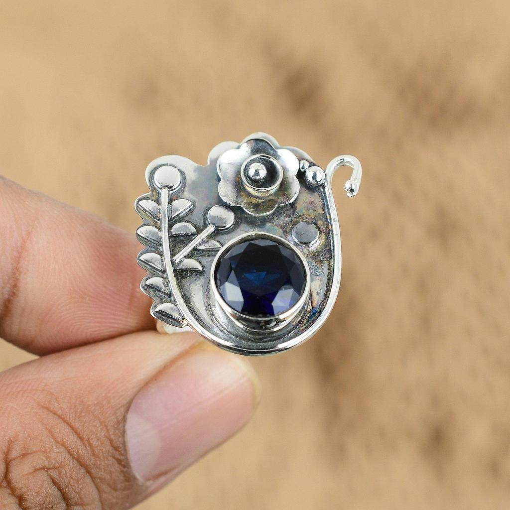 925 Sterling Silver Oval Tanzanite Quartz Gemstone Flower Unique Promise Ring