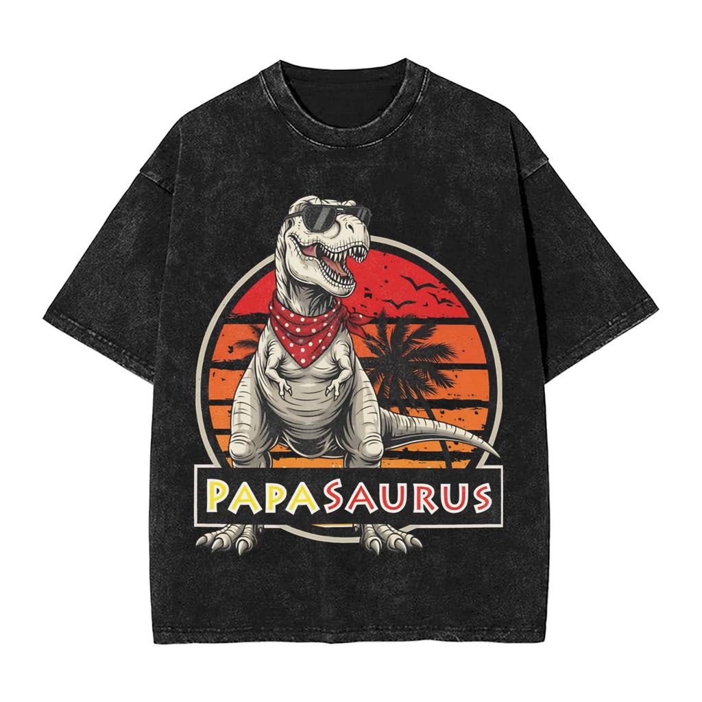 Papasaurus Washed TShirt Mens Vintage Casual TShirts Summer Crew Neck Novelty Tee Shirt Simple Oversized Clothing