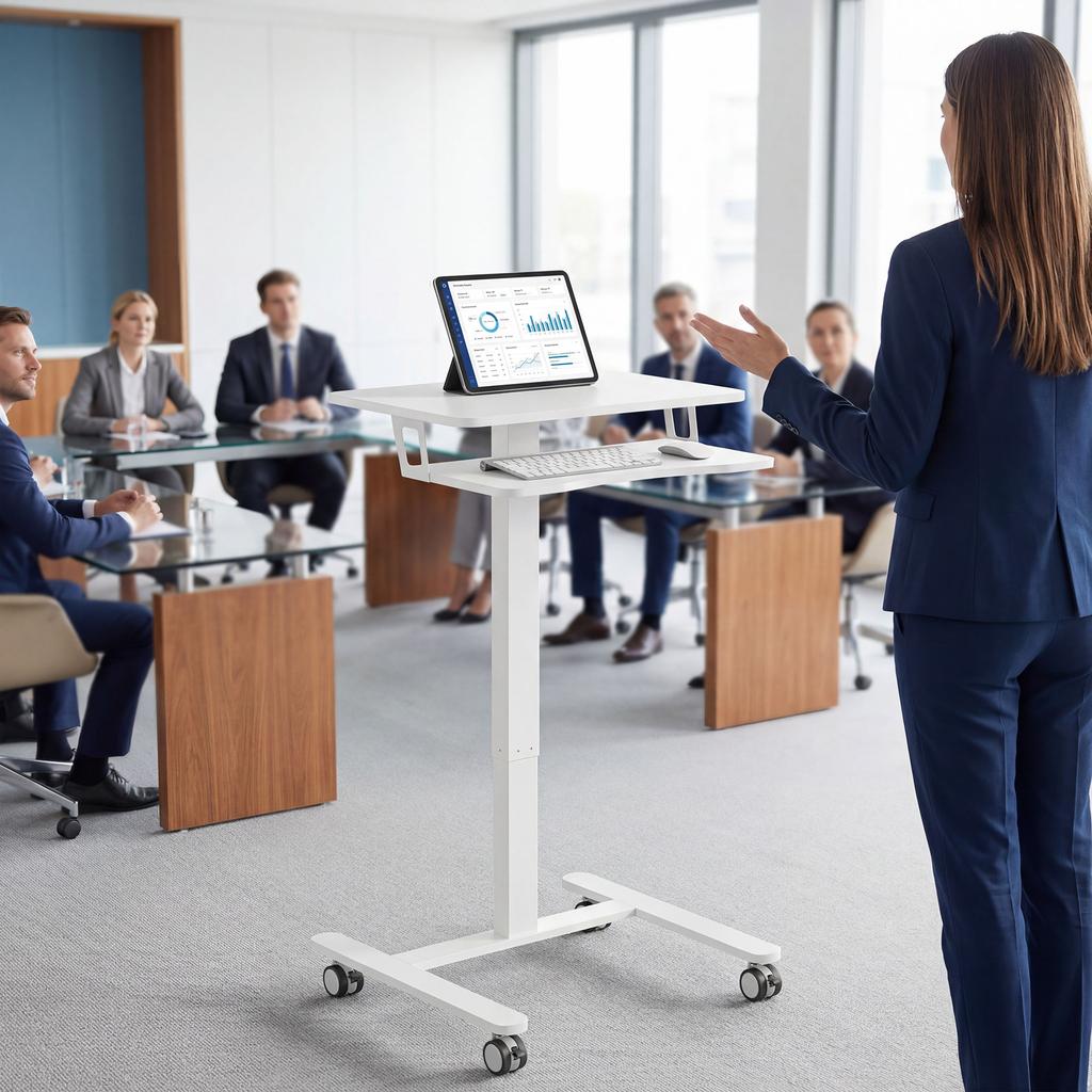 Height-Adjustable Standing Desk, Rolling Sit-Stand Desk with Keyboard Tray, Casters and Steel Frame, White