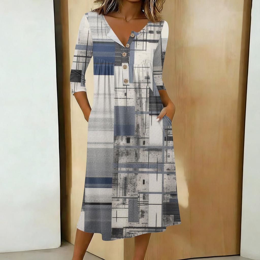 Women's Fashionable Color Printed Round Neck 3/4 Sleeve Button Collar Mid Length Casual Dress
