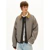 Madwitch Corduroy Lapel Plaid Jacket for Men and Women Vintage Color-Blocking Patchwork Silhouette Plaid Coat Ins