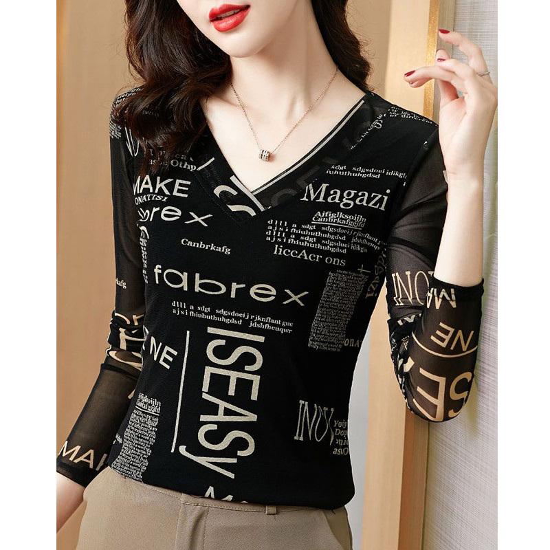 Frühling Herbst Mode Damen V-Ausschnitt Buchstaben bedruckt Sexy Mesh Patchwork Basic T-Shirts Elegant Langarm Slim Damen Tops