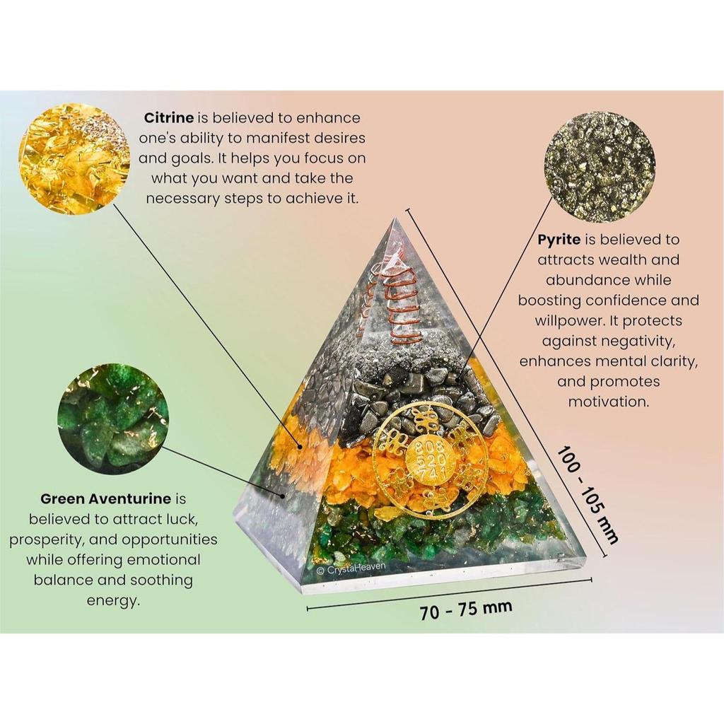 Geldmagnet Pyrit Pyramide Vastu für Zuhause - Zertifizierter Pyrit Citrin | Grüner Aventurin Stein Original Pyramide mit Zibu Symbol