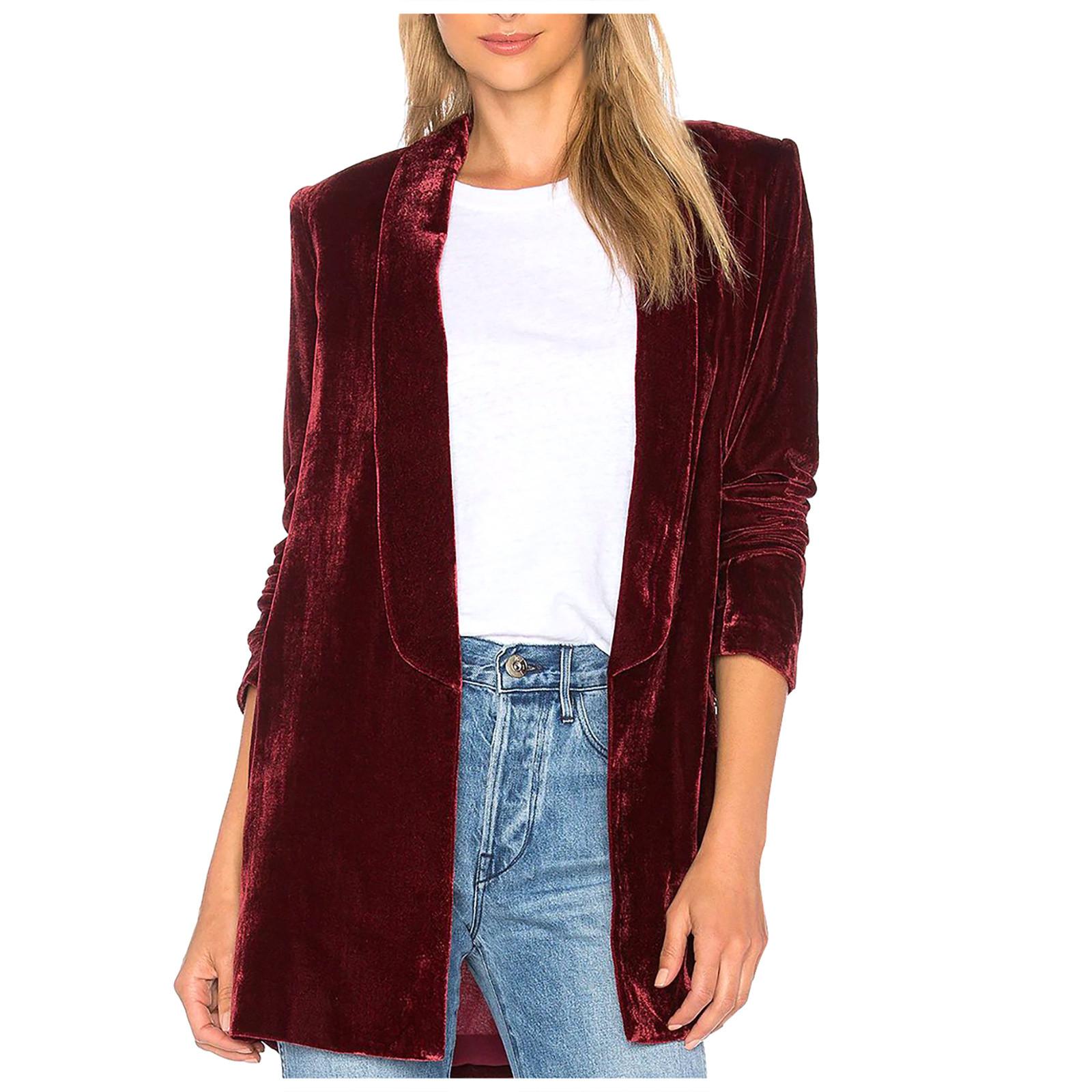 

Женская мода с длинным рукавом золотого бархата сплошной повседневный свободный кардиган пальто M винный