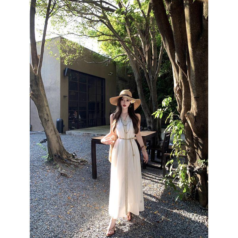 Kumikumi Holiday Style White V-neck Vest Dress Women Summer Temperament Drape Slimming Large Swing Skirt Long Dress