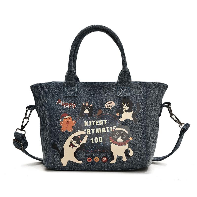 2025 New Trendy Cartoon Cat Print Denim Bucket Bag Versatile Casual Commuter Large Capacity Crossbody Shoulder Bag for Women