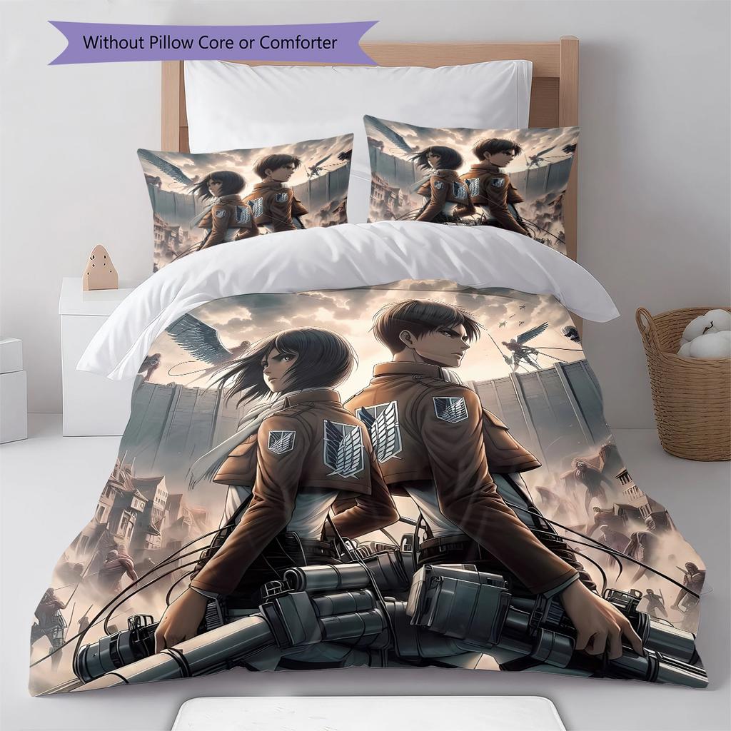 Attack on Titan Pattern Bedding,Quilt Set Quilt Cover Pillowcase Home Birthday Gift (1 * duvet cover + 2 * pillowcase, without core)