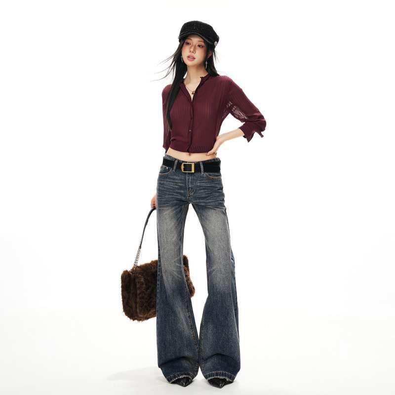 In-Stock Women s Distressed Retro Washed Mid-Low Rise Loose Floor-Length Pants (Autumn/Winter) Medium