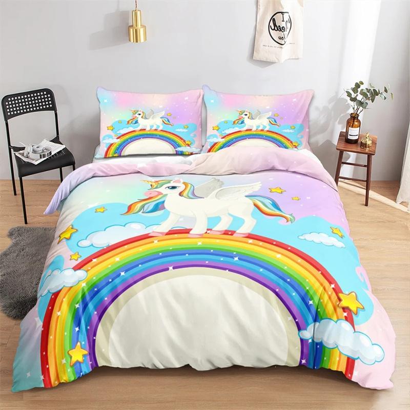 Kawaii Einhorn Buntes leuchtendes Einhorn-Kinderbettwäscheset für Mädchen Rosa Deluxe Bettbezug Bettwäscheset King Queen Bettbezug