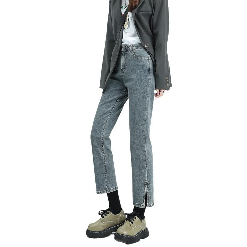 Slit Straight Jeans for Women, High Waist Straight Trousers for Women, Slim Hair, Nine-point Pants, Cigarette Pants for Women, Autumn