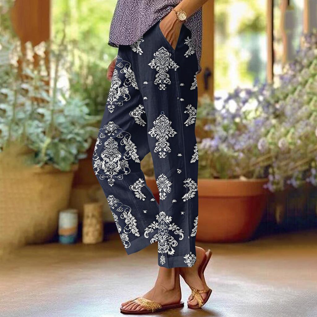 Damen Casual Mode Bedruckte Hose mit geradem Bein Hose mit Taschen