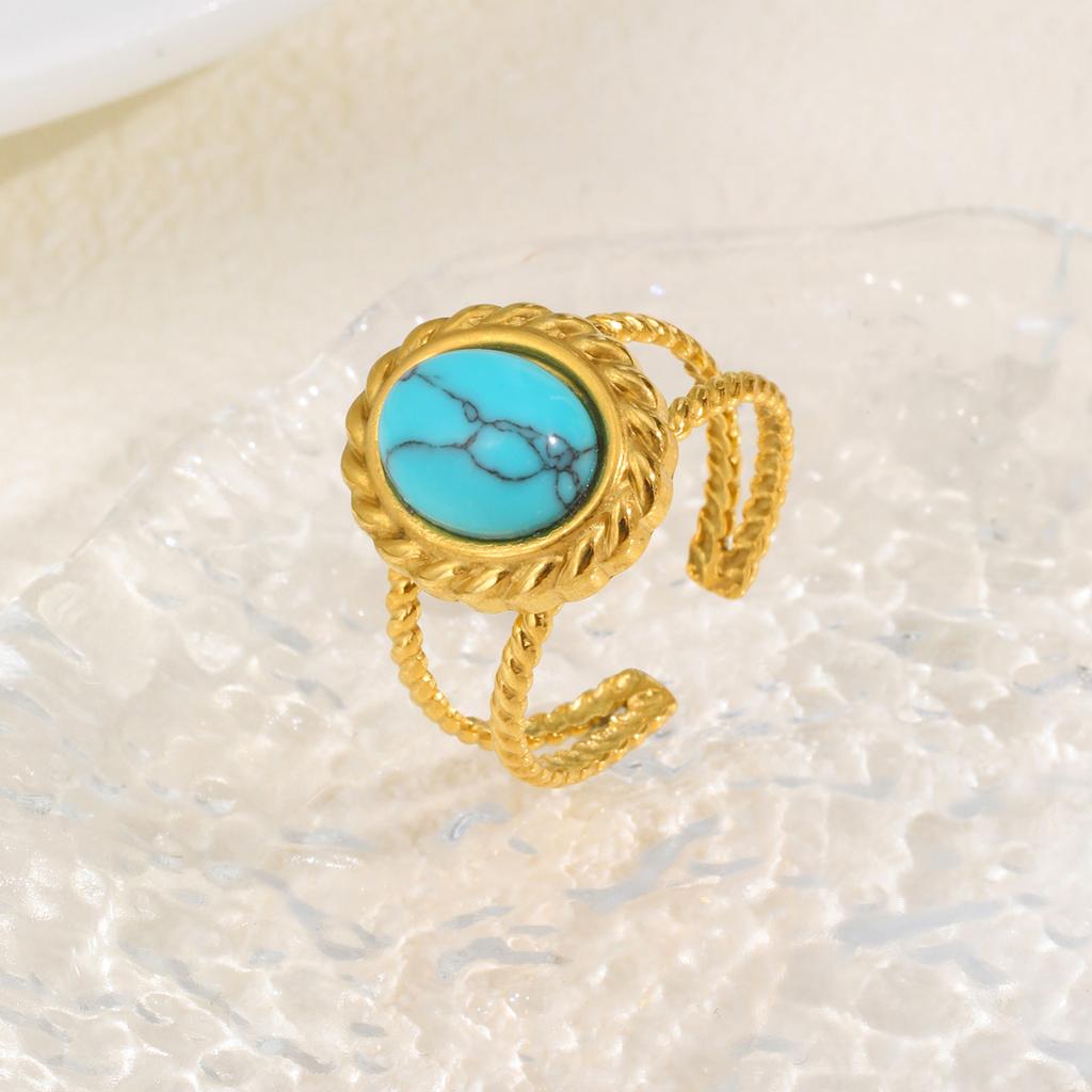 Trendy Geometric Turquoise Opening Ring for Women, Stainless Steel Oval Rings,Fashion Jewelry Mother's Day Gift