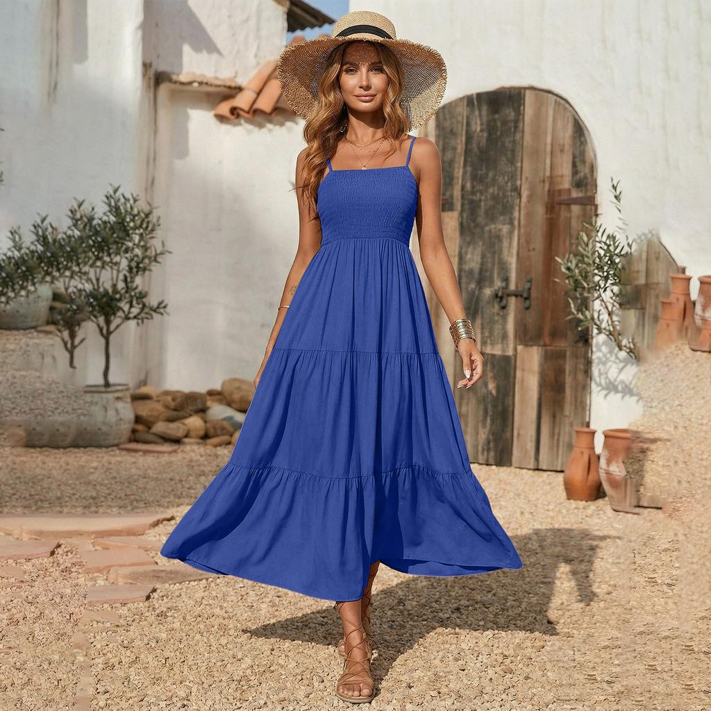 Fashionable Women's Casual Printed Tube Top Shoulder Strap Swing Dress