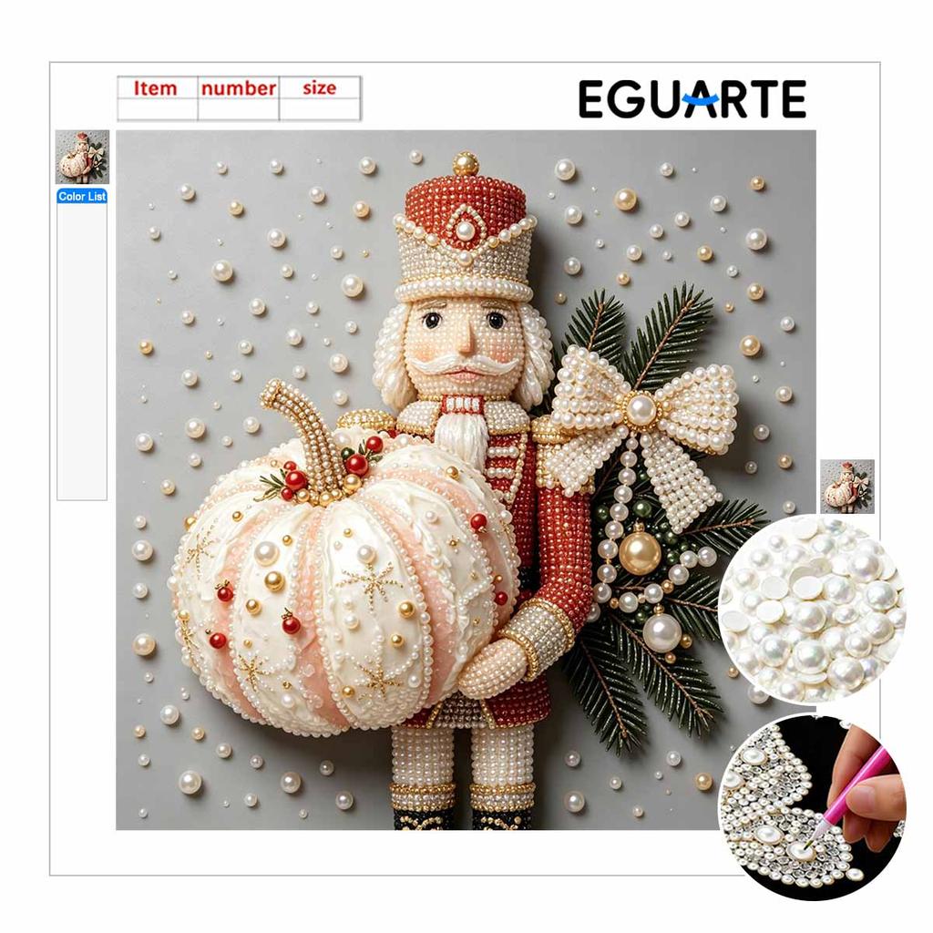 Framed Pearl Art DIY Kit with Nutcracker and Pumpkin Christmas Pattern 3D Sparkling Bead Canvas Painting Handmade Gift for Home Decoration