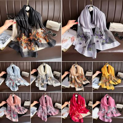 Faux Silk Scarf with Beading Embroidered Crabapple Flower Design Women Versatile Shawl Comfortable Imitation Silk Scarf