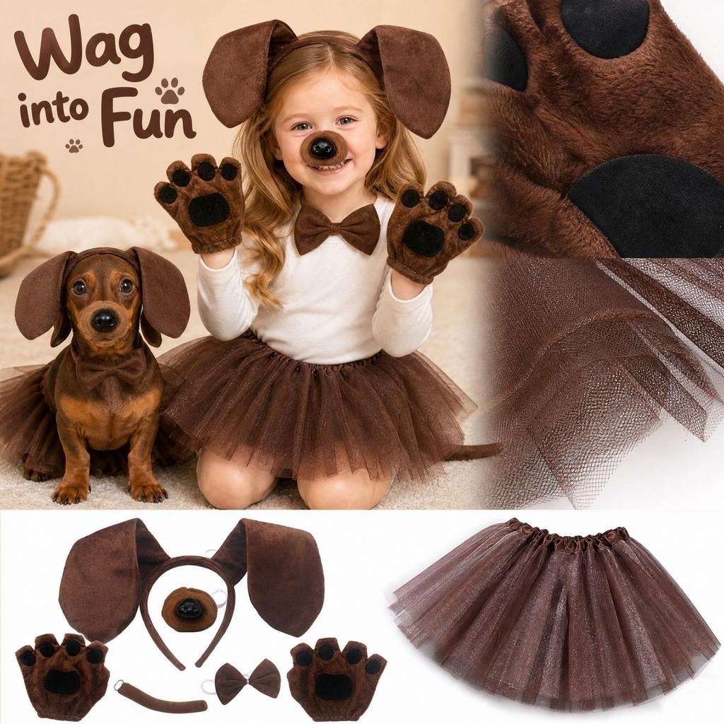 Dog Costume Accessory Set - Headband, Nose, Tie, Tail, Gloves, Skirt