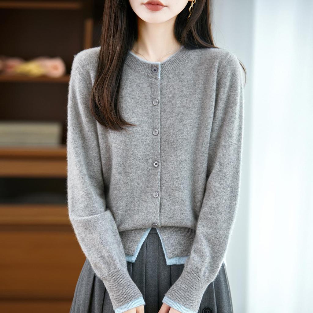 Women's Color Block Cashmere Wool Knit Cardigan Sweater - Loose Fit, Round Neck, Korean Style
