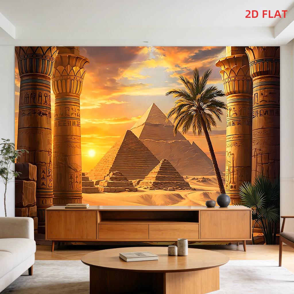 2D Plane, 1 Large Wall Hanging of Egyptian Desert Scenery - Ancient Pyramids, Palm Trees and Egyptian Columns, Party Decoration